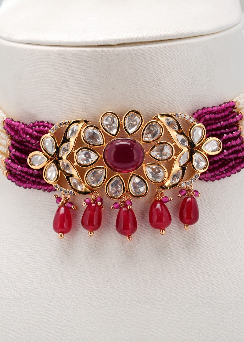 Emerald Green Diamond Choker Set | Gold Metal with Yellow Lulu Tassel & Earrings