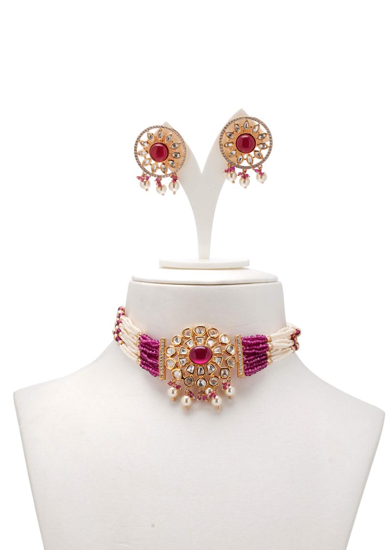 Mala Set with Earrings | Gold Metal, Pink Ruby, Pearl & Emerald Green Tassel Design