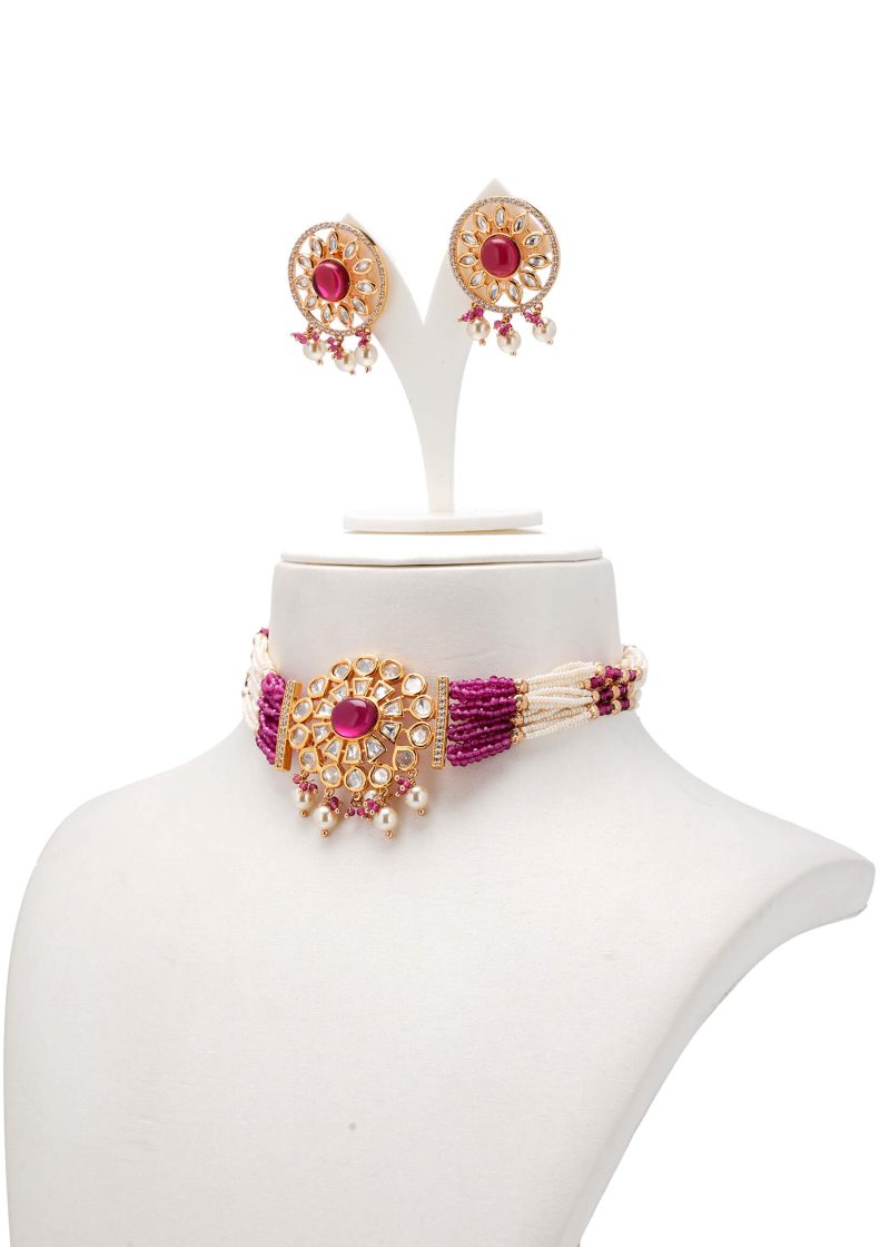 Mala Set with Earrings | Gold Metal, Pink Ruby, Pearl & Emerald Green Tassel Design