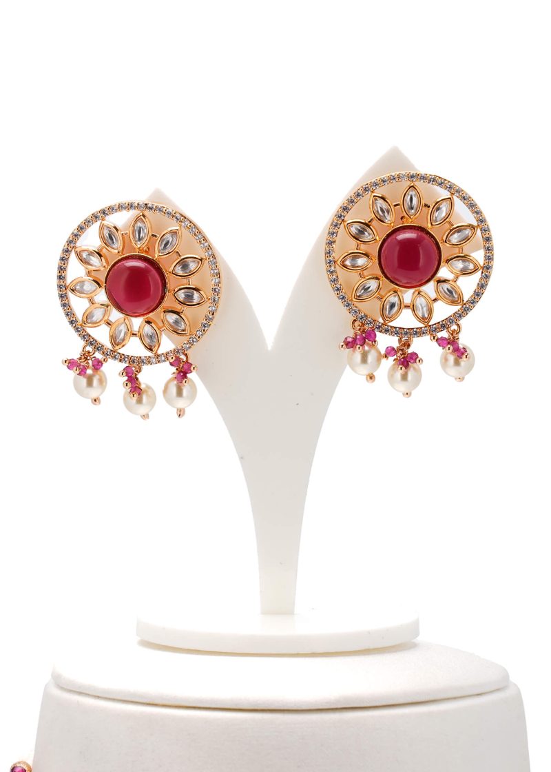 Mala Set with Earrings | Gold Metal, Pink Ruby, Pearl & Emerald Green Tassel Design