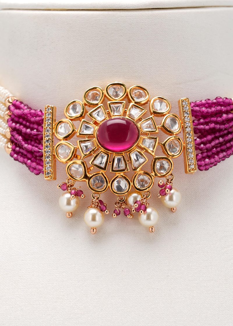 Mala Set with Earrings | Gold Metal, Pink Ruby, Pearl & Emerald Green Tassel Design