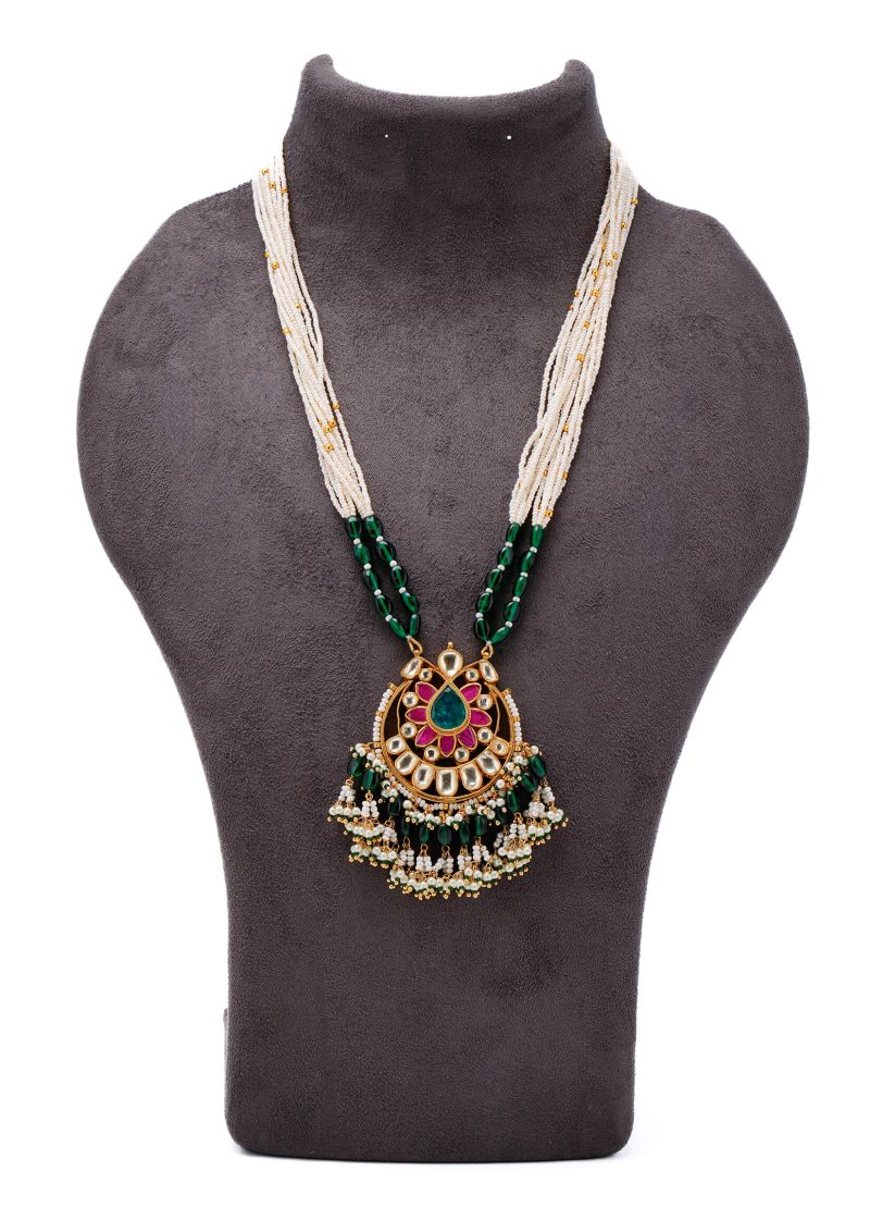 Long Mala Necklace | Gold Metal with Jaipuri Design & Multicolor Stones for Elegance