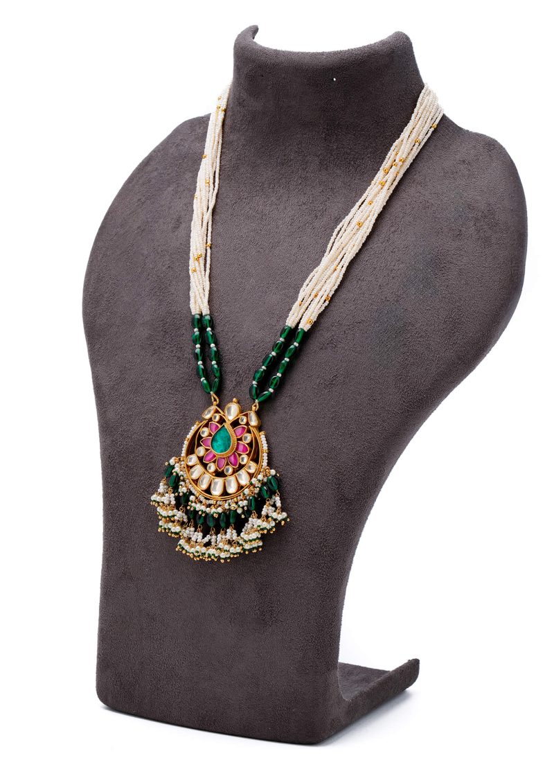 Long Mala Necklace | Gold Metal with Jaipuri Design & Multicolor Stones for Elegance
