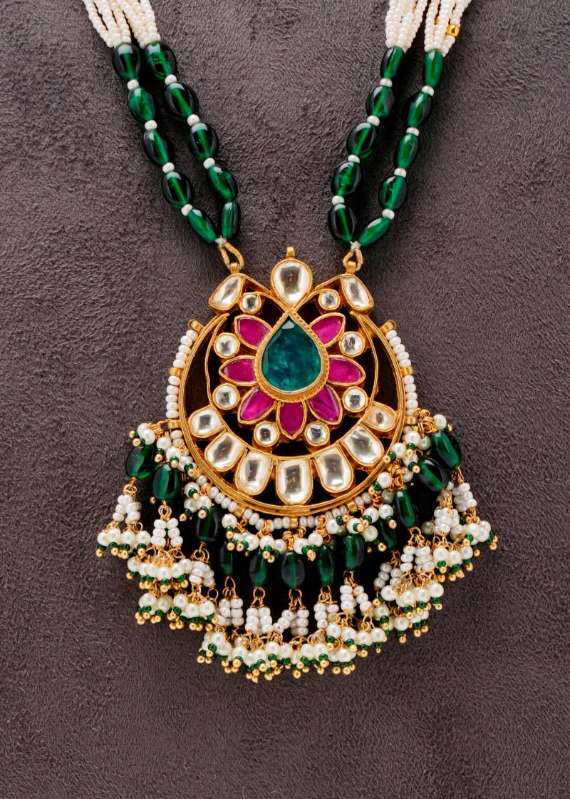 Long Mala Necklace | Gold Metal with Jaipuri Design & Multicolor Stones for Elegance