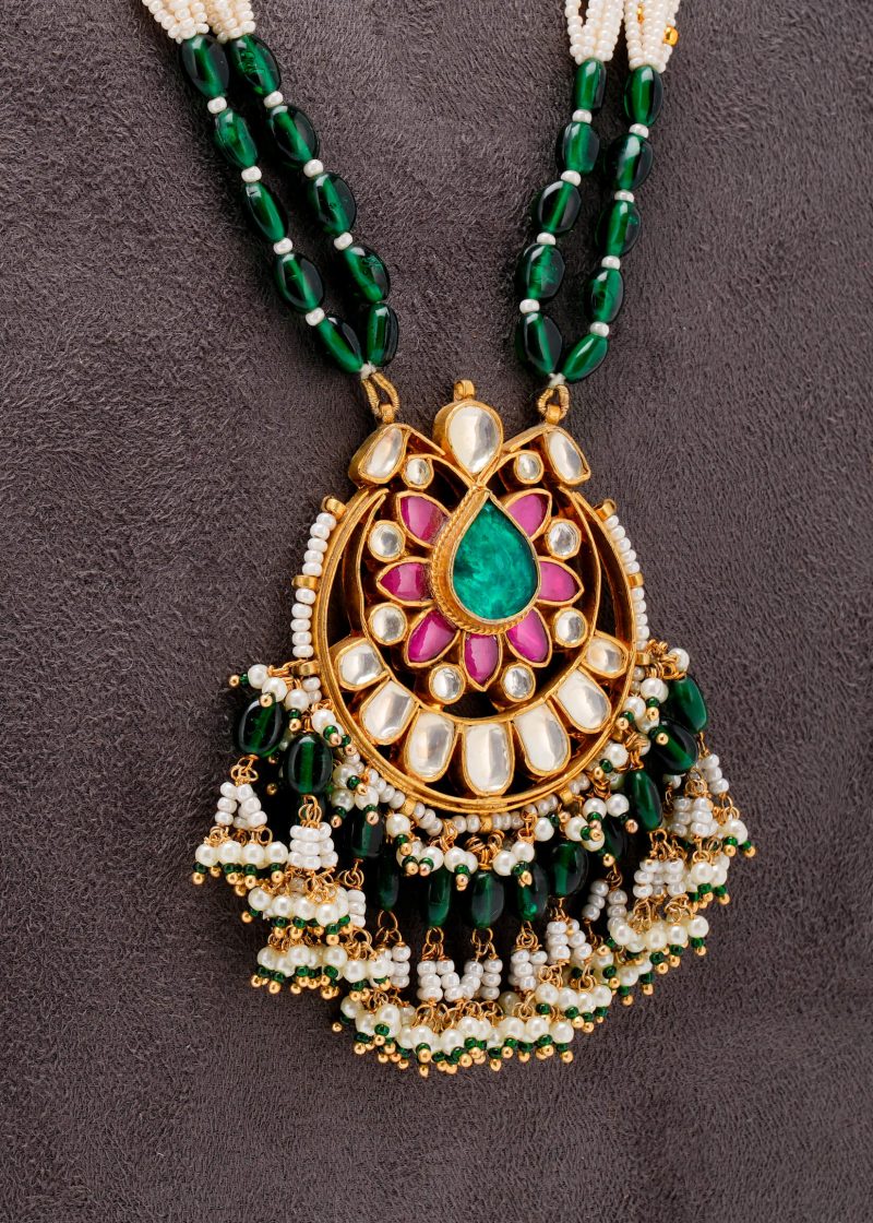 Long Mala Necklace | Gold Metal with Jaipuri Design & Multicolor Stones for Elegance