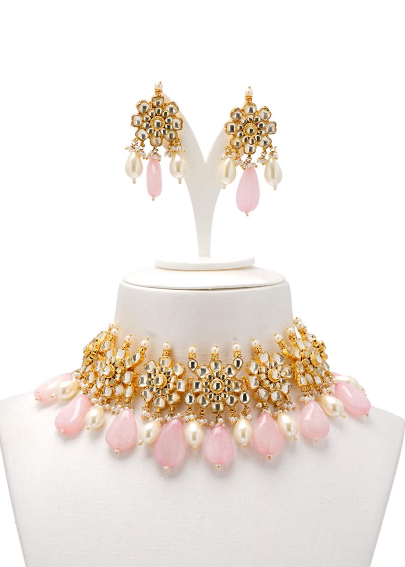 Enamel Work Necklace | Gold Metal Silver Kundan with Lulu & Gray Beads Tassel Details