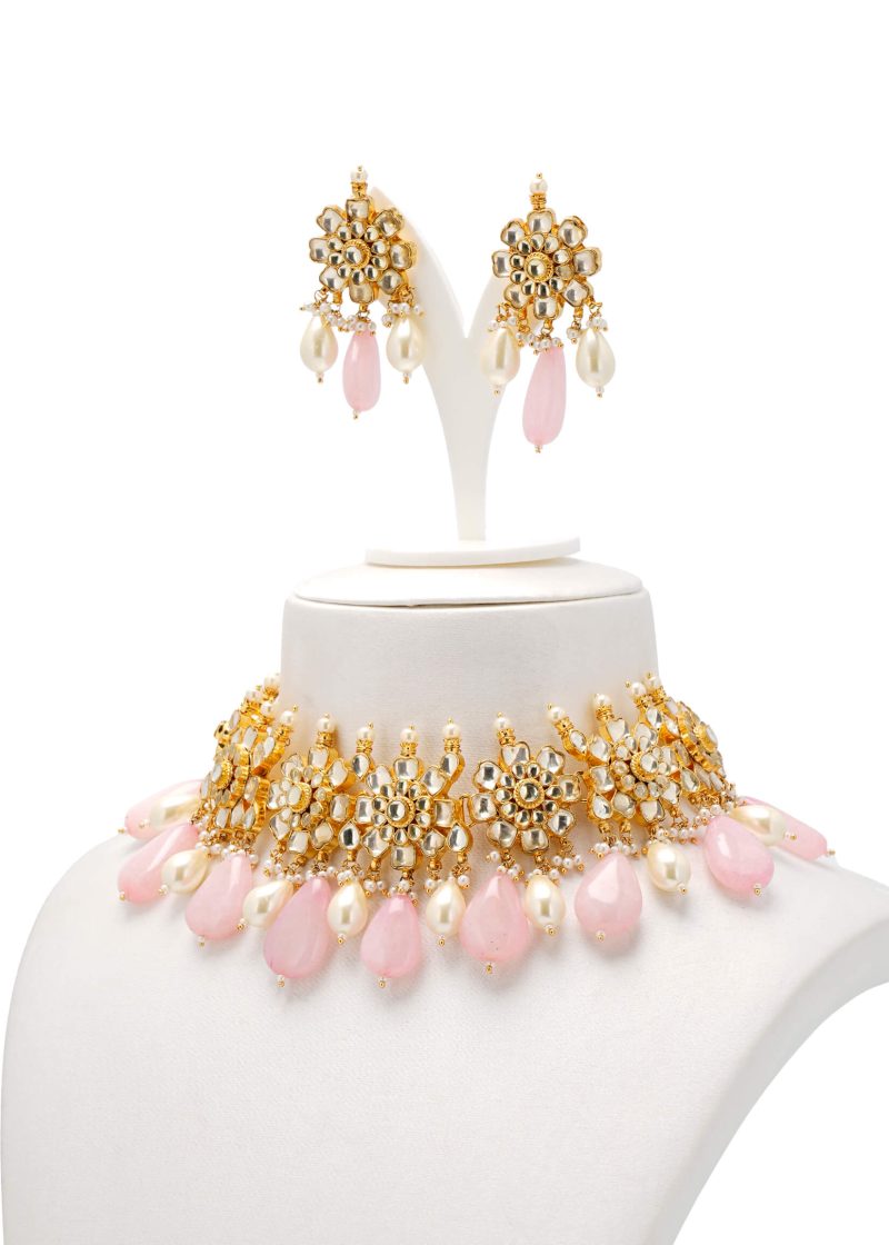 Enamel Work Necklace | Gold Metal Silver Kundan with Lulu & Gray Beads Tassel Details