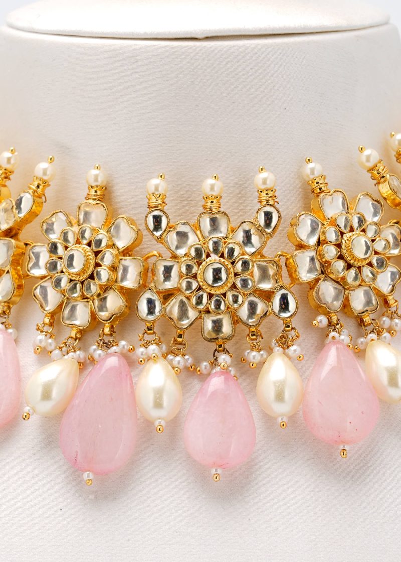 Enamel Work Necklace | Gold Metal Silver Kundan with Lulu & Gray Beads Tassel Details