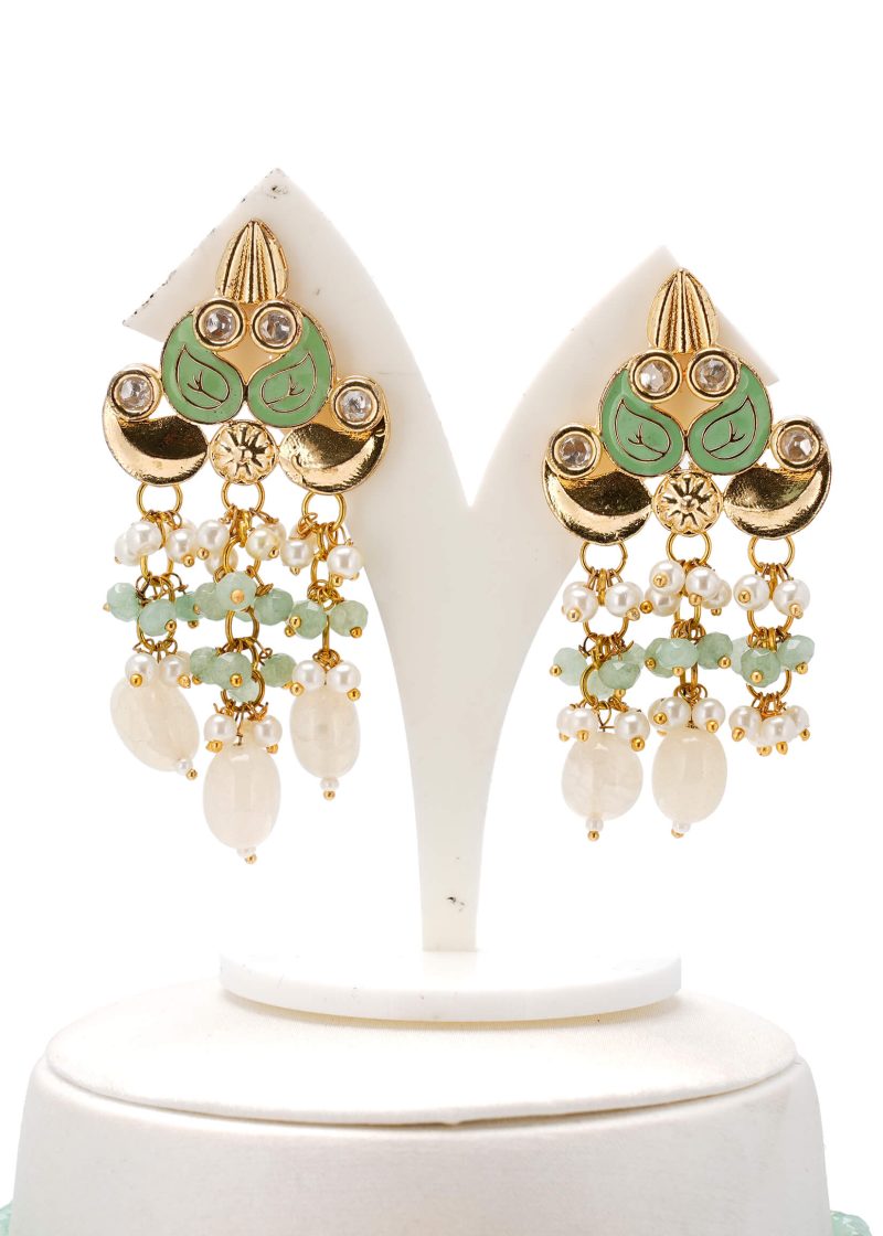 Choker Set | Gold Metal Silver Uncut Diamond with Green Pearl & Ruby Tassel Earrings