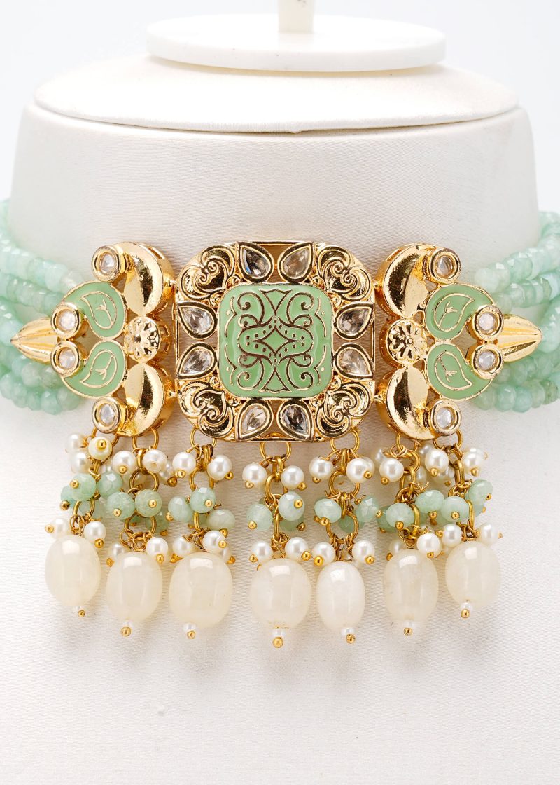 Choker Set | Gold Metal Silver Uncut Diamond with Green Pearl & Ruby Tassel Earrings