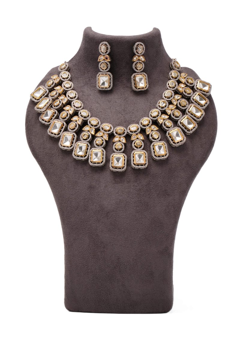 Gold Base Bridal Silver Polki Diamond Set | with Details Uncut Diamond