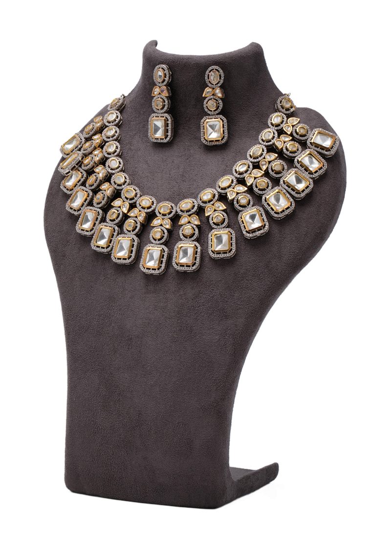 Gold Base Bridal Silver Polki Diamond Set | with Details Uncut Diamond