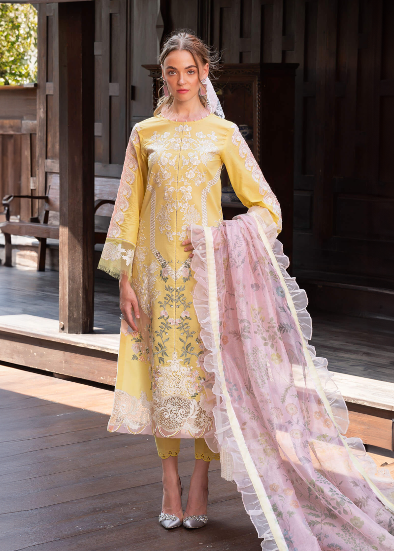 Asifa & Nabeel Lawn | Yellow | Unstitched | Party wear | Digital printed dupatta on polly silk | ESSENCE RRL-08