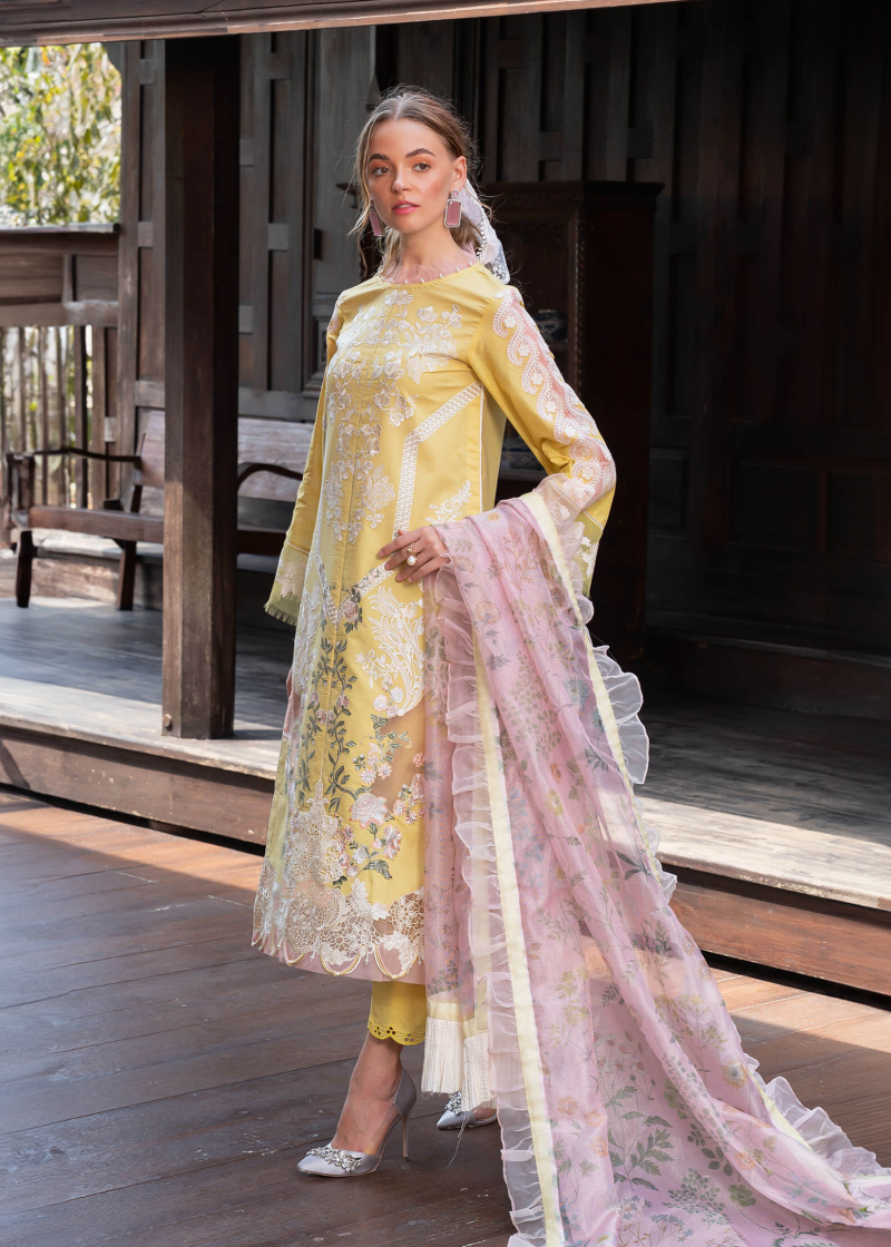 Asifa & Nabeel Lawn | Yellow | Unstitched | Party wear | Digital printed dupatta on polly silk | ESSENCE RRL-08