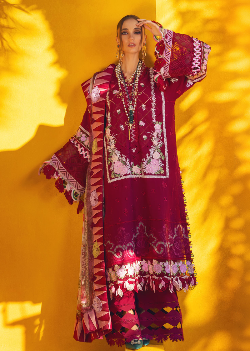 Annus Abrar Neroli Luxury Lawn | Deep Maroon | Unstitched | Party wear | Digitally Printed Chiffon dupatta | Melia 08