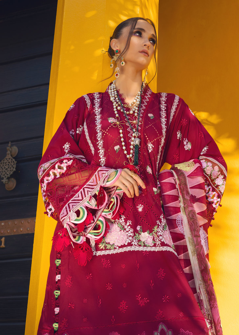 Annus Abrar Neroli Luxury Lawn | Deep Maroon | Unstitched | Party wear | Digitally Printed Chiffon dupatta | Melia 08
