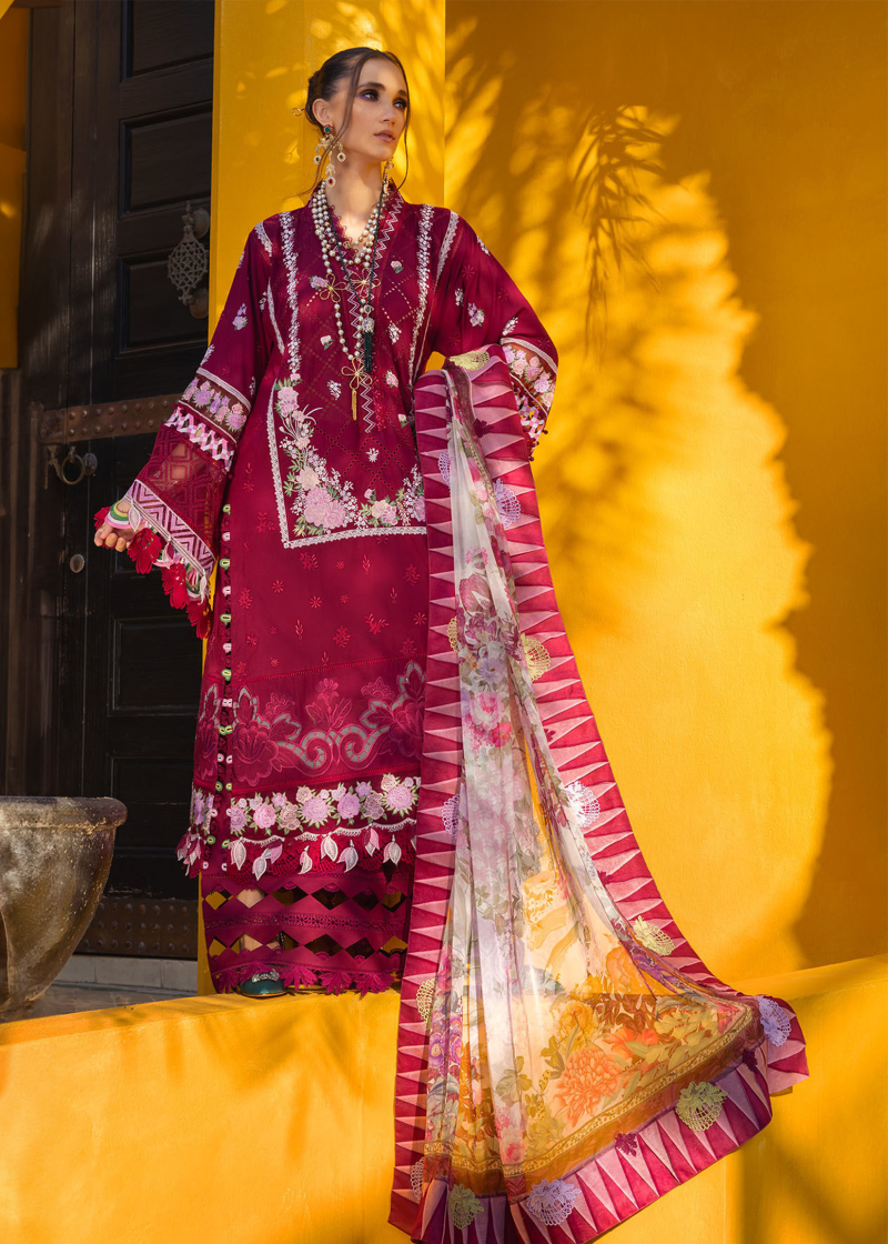 Annus Abrar Neroli Luxury Lawn | Deep Maroon | Unstitched | Party wear | Digitally Printed Chiffon dupatta | Melia 08