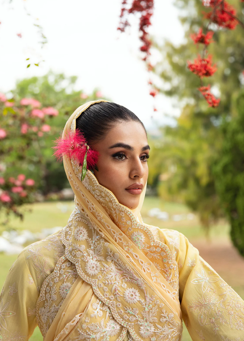 Gulaal Luxury Lawn | Yellow | Unstitched | Party wear | Chiffon Dupatta embroidered | VALERIA GL-LL-24V1-01