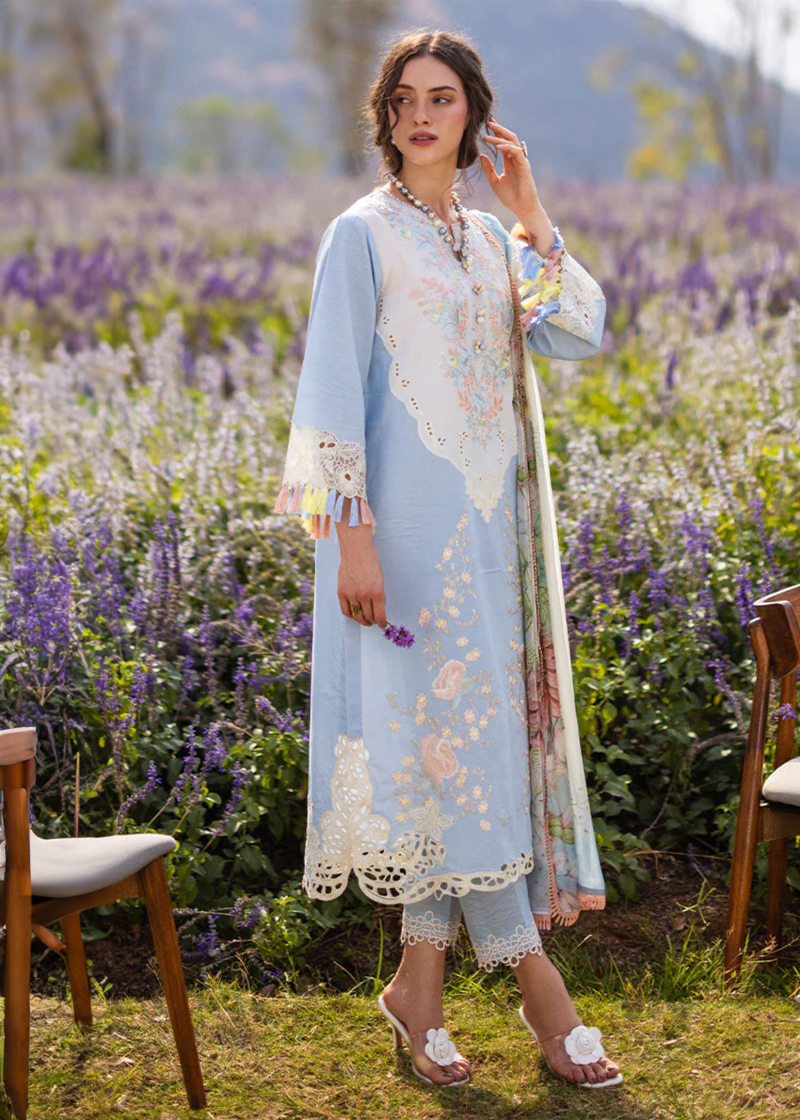 Mushq Lawn | Ice Blue | Unstitched | Party wear | Digital print pure chiffon dupatta | Solara Myosotis HML24-8A