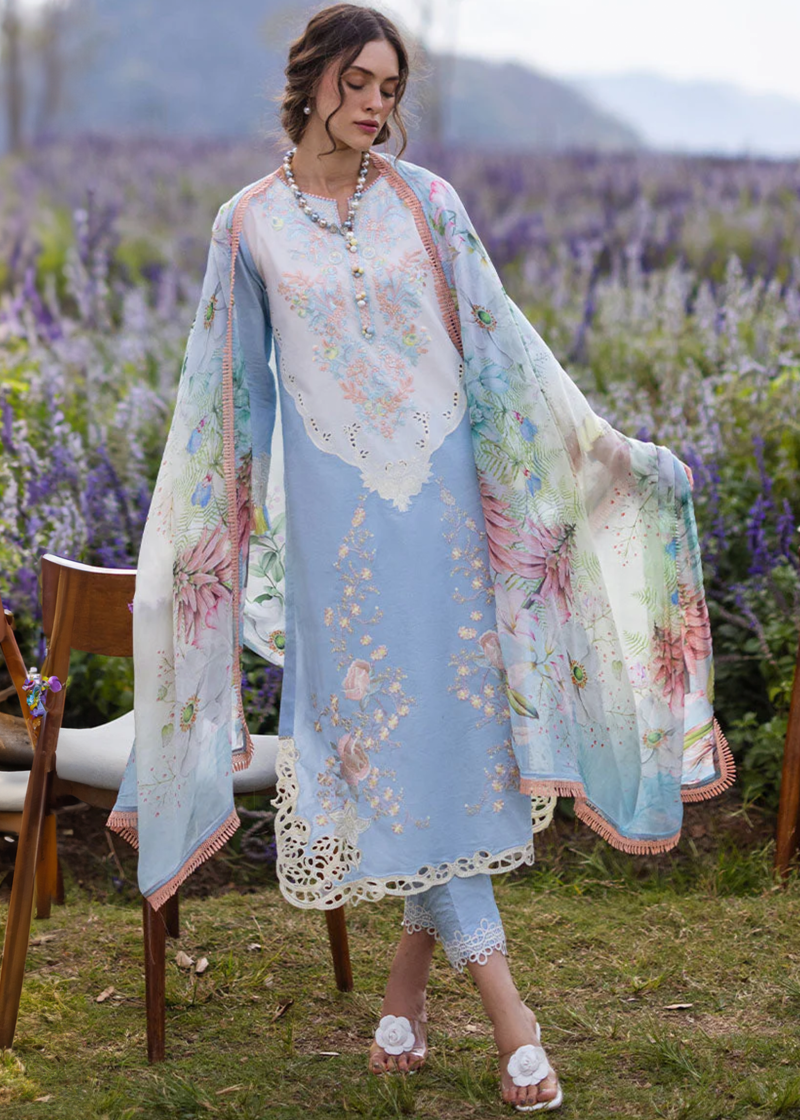 Mushq Lawn | Ice Blue | Unstitched | Party wear | Digital print pure chiffon dupatta | Solara Myosotis HML24-8A