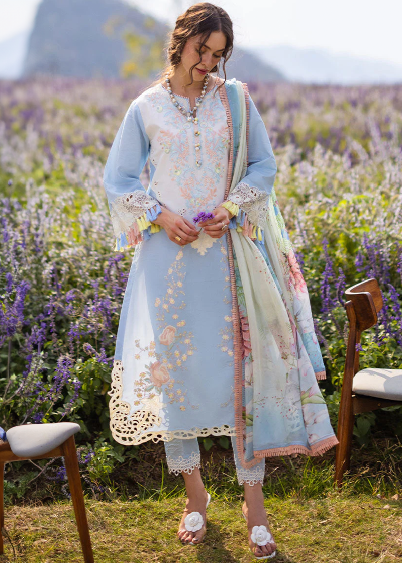 Mushq Lawn | Ice Blue | Unstitched | Party wear | Digital print pure chiffon dupatta | Solara Myosotis HML24-8A