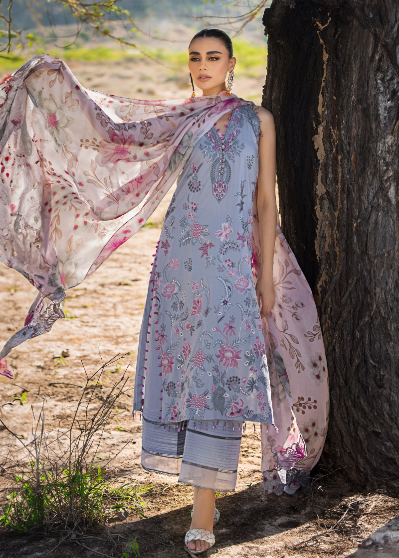 Al Zohaib | Mahiymaan Luxury Lawn | Grey | Unstitched | Party wear | Digital printed silk dupatta | Blossom Ash M-11