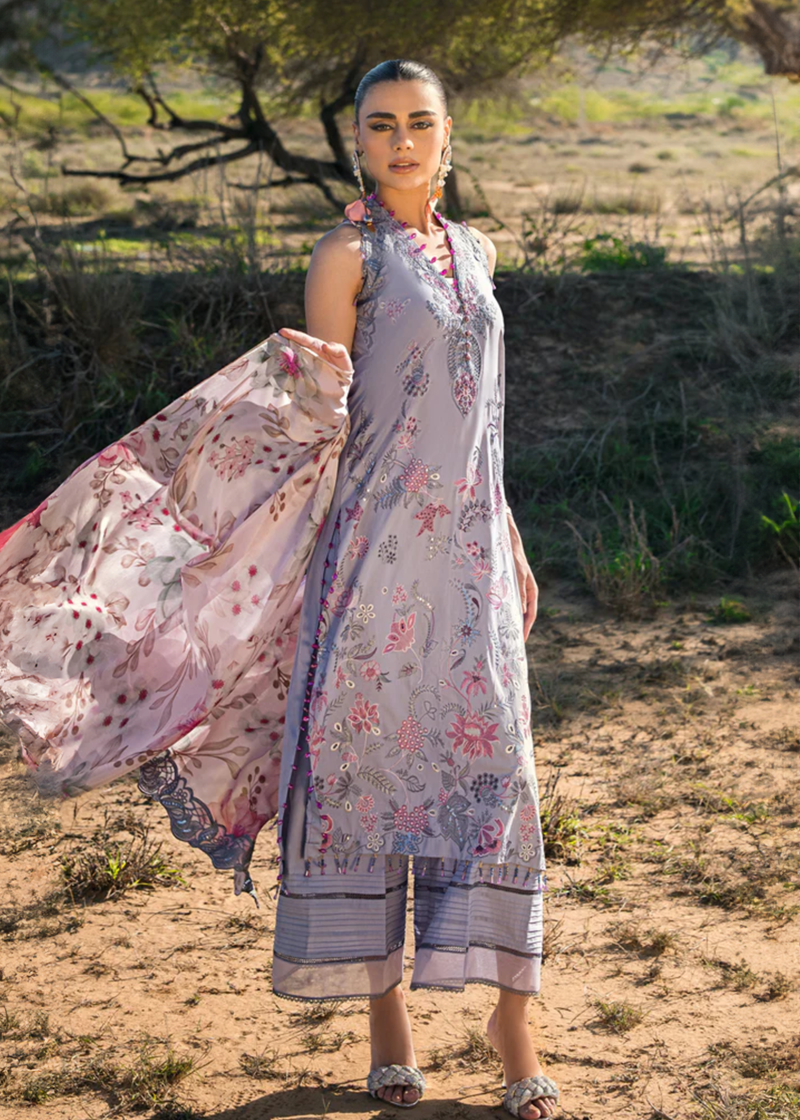 Al Zohaib | Mahiymaan Luxury Lawn | Grey | Unstitched | Party wear | Digital printed silk dupatta | Blossom Ash M-11