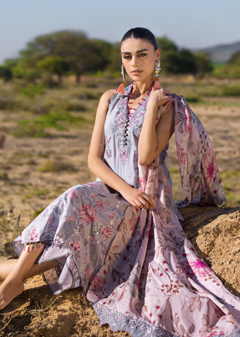 Al Zohaib | Mahiymaan Luxury Lawn | Grey | Unstitched | Party wear | Digital printed silk dupatta | Blossom Ash M-11