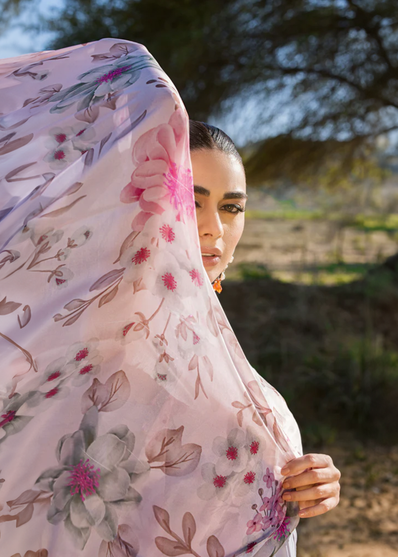 Al Zohaib | Mahiymaan Luxury Lawn | Grey | Unstitched | Party wear | Digital printed silk dupatta | Blossom Ash M-11