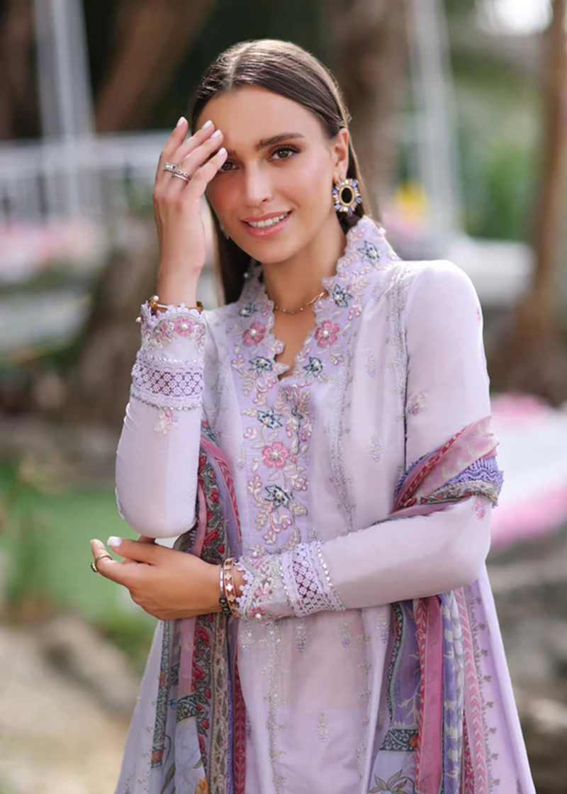 Noor By Saadia Noor Luxe Print Kari | Light Purple | Unstitched | Party Wear | Digital printed chiffon dupatta | D3A