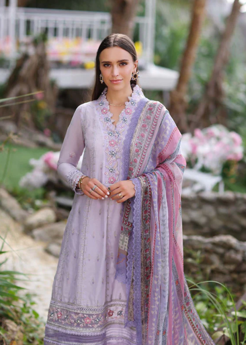Noor By Saadia Noor Luxe Print Kari | Light Purple | Unstitched | Party Wear | Digital printed chiffon dupatta | D3A