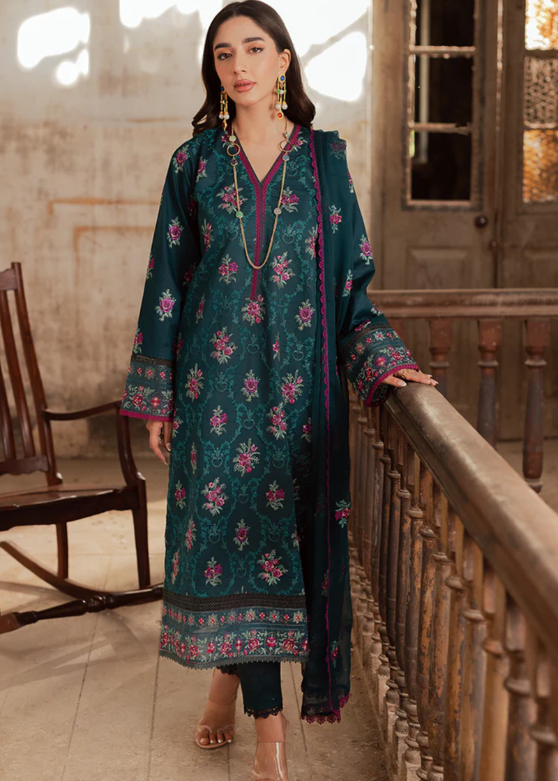 RajBari Lawn | Dark Green | Unstitched | Party wear | embroidered Fancy Dupatta | 2-A