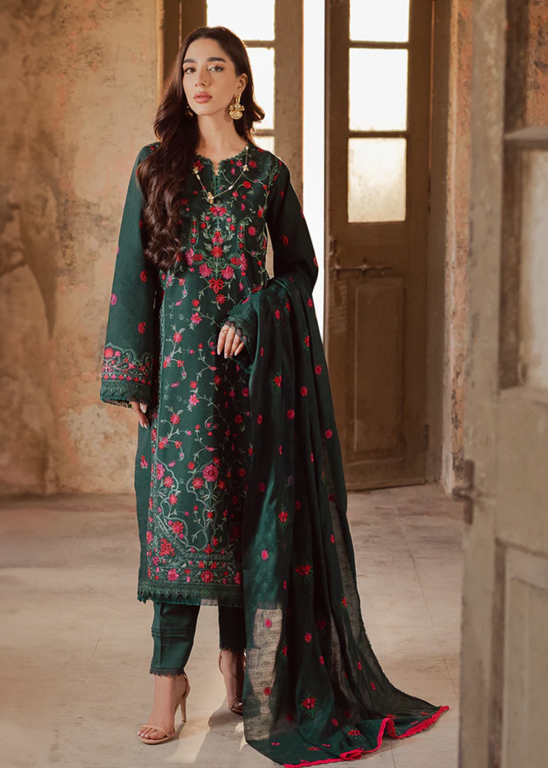 RajBari Lawn | Dark Green | Unstitched | Party wear | embroidered Fancy Dupatta | 3-B