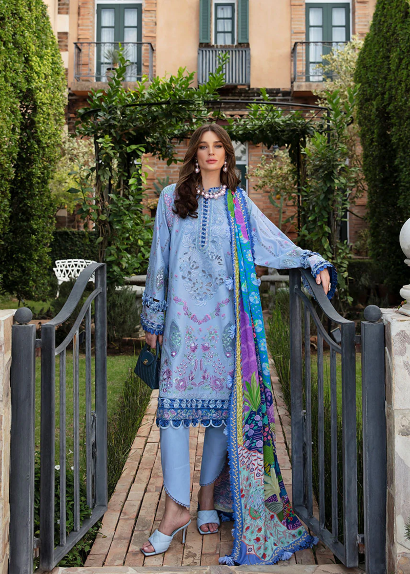 Republic Womens Wear Luxury Lawn | Sky Blue | Unstitched | Party wear | Printed silk dupatta | D1-B