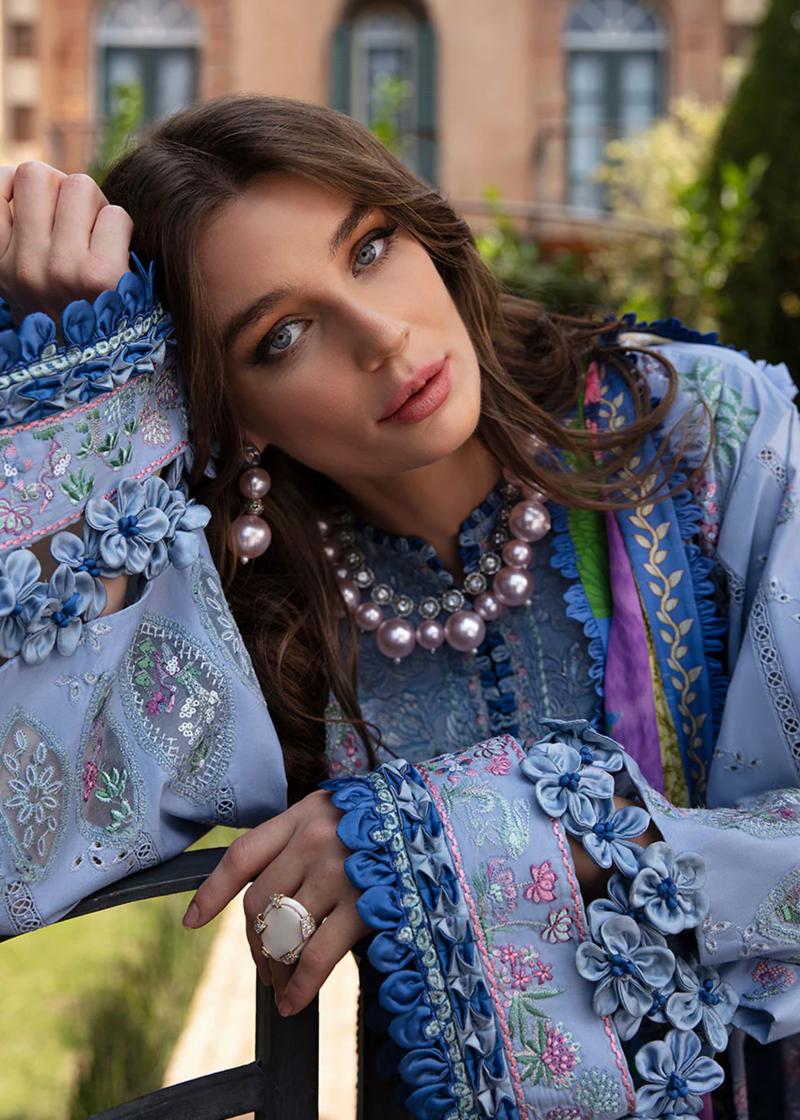 Republic Womens Wear Luxury Lawn | Sky Blue | Unstitched | Party wear | Printed silk dupatta | D1-B