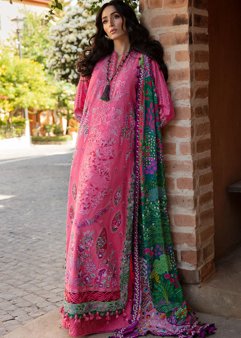 Republic Womens Wear Luxury Lawn | Coral Pink | Unstitched | Party wear | Printed silk dupatta | D1-A