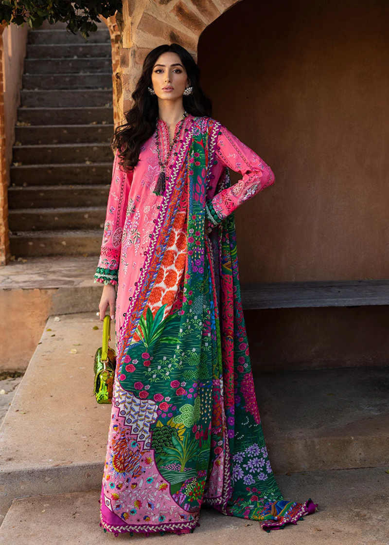 Republic Womens Wear Luxury Lawn | Coral Pink | Unstitched | Party wear | Printed silk dupatta | D1-A