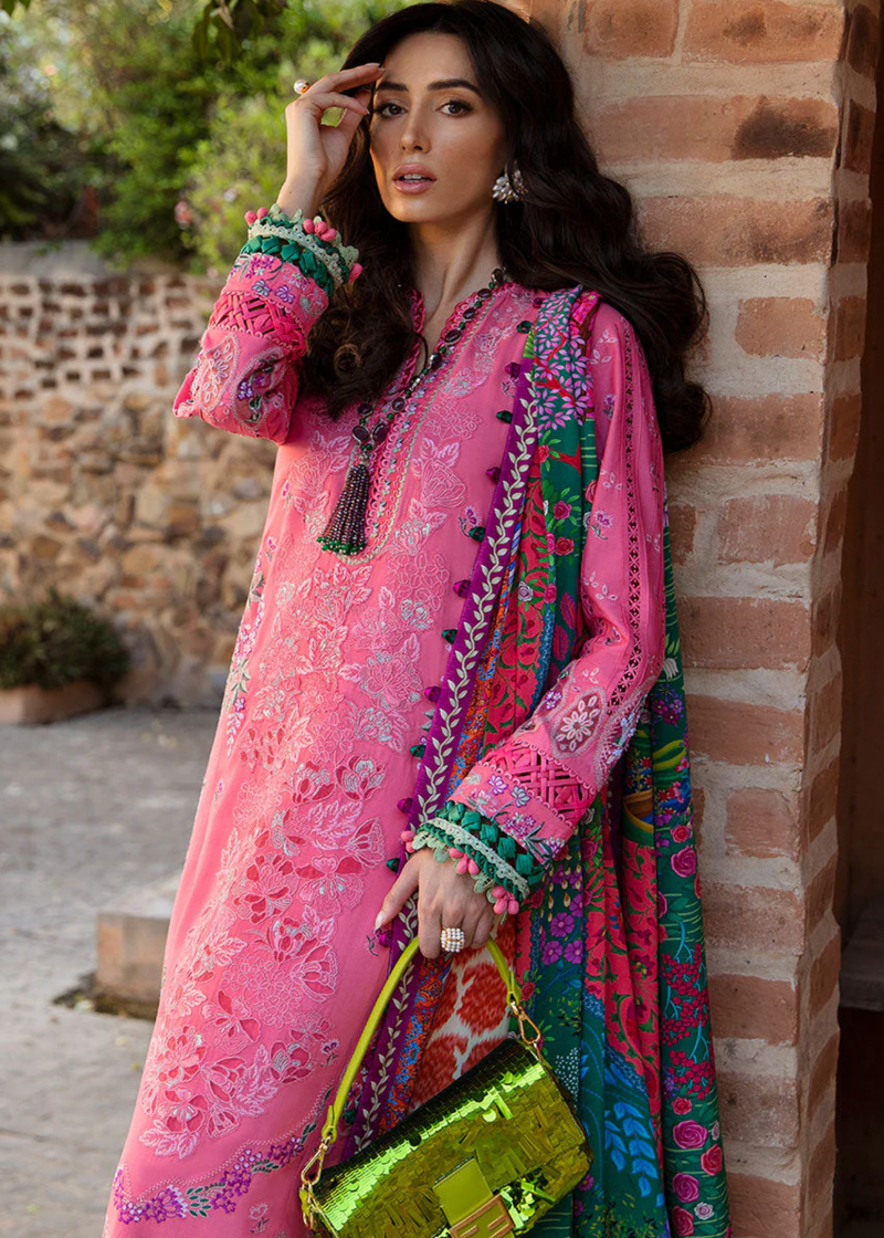 Republic Womens Wear Luxury Lawn | Coral Pink | Unstitched | Party wear | Printed silk dupatta | D1-A