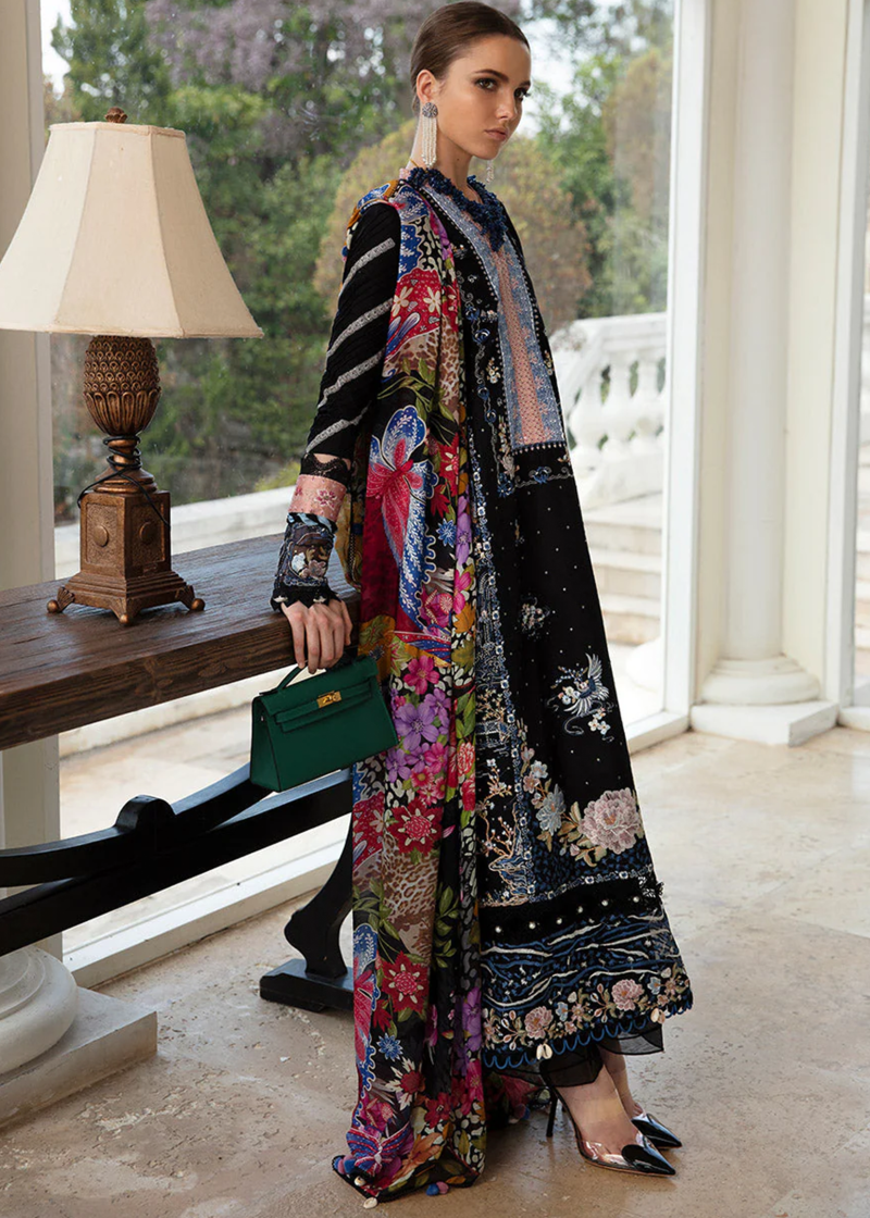 Republic Womens Wear Luxury Lawn | Black | Unstitched | Party wear | Printed silk dupatta | D2-A