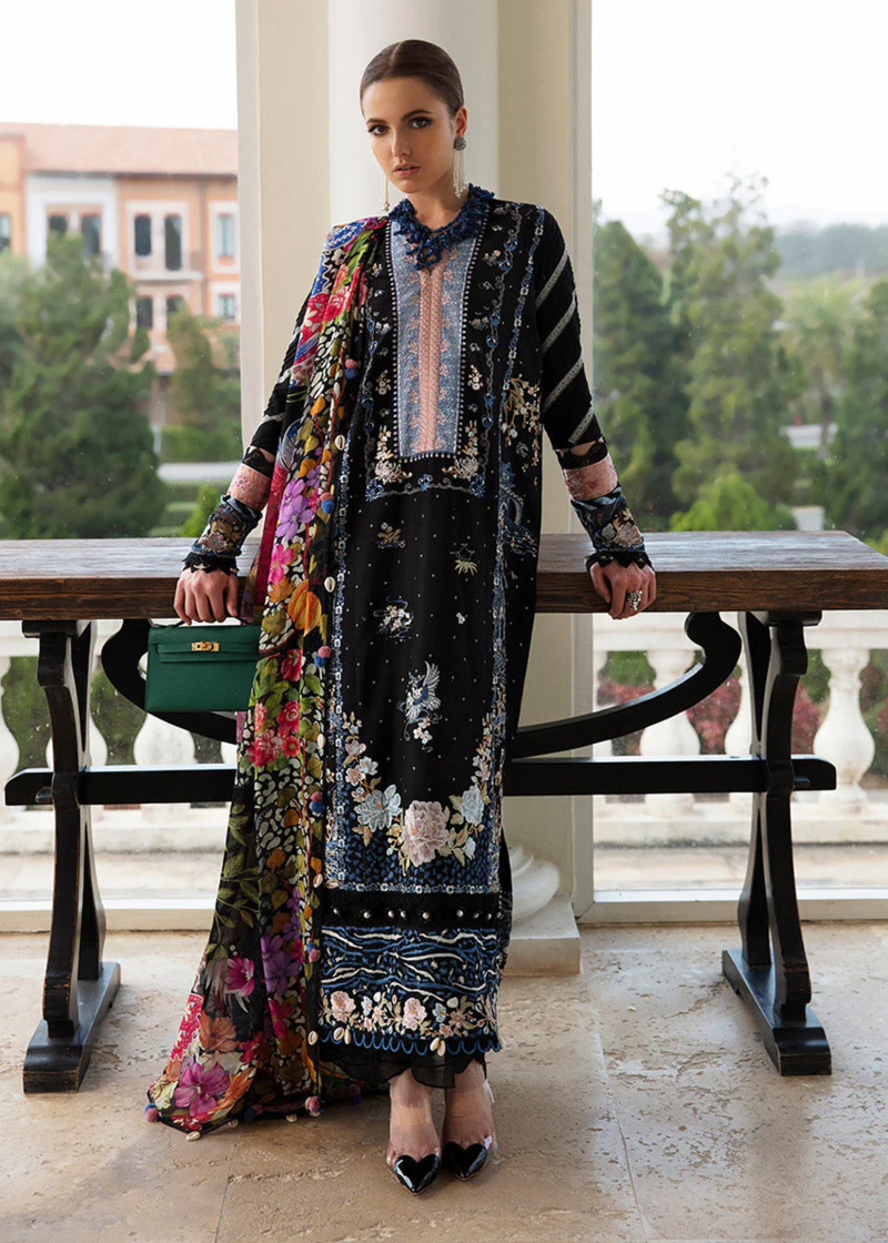 Republic Womens Wear Luxury Lawn | Black | Unstitched | Party wear | Printed silk dupatta | D2-A