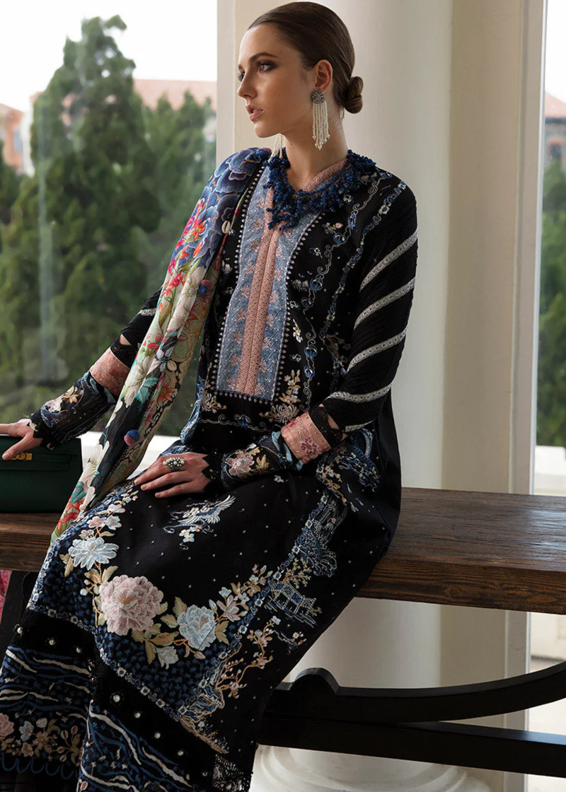 Republic Womens Wear Luxury Lawn | Black | Unstitched | Party wear | Printed silk dupatta | D2-A