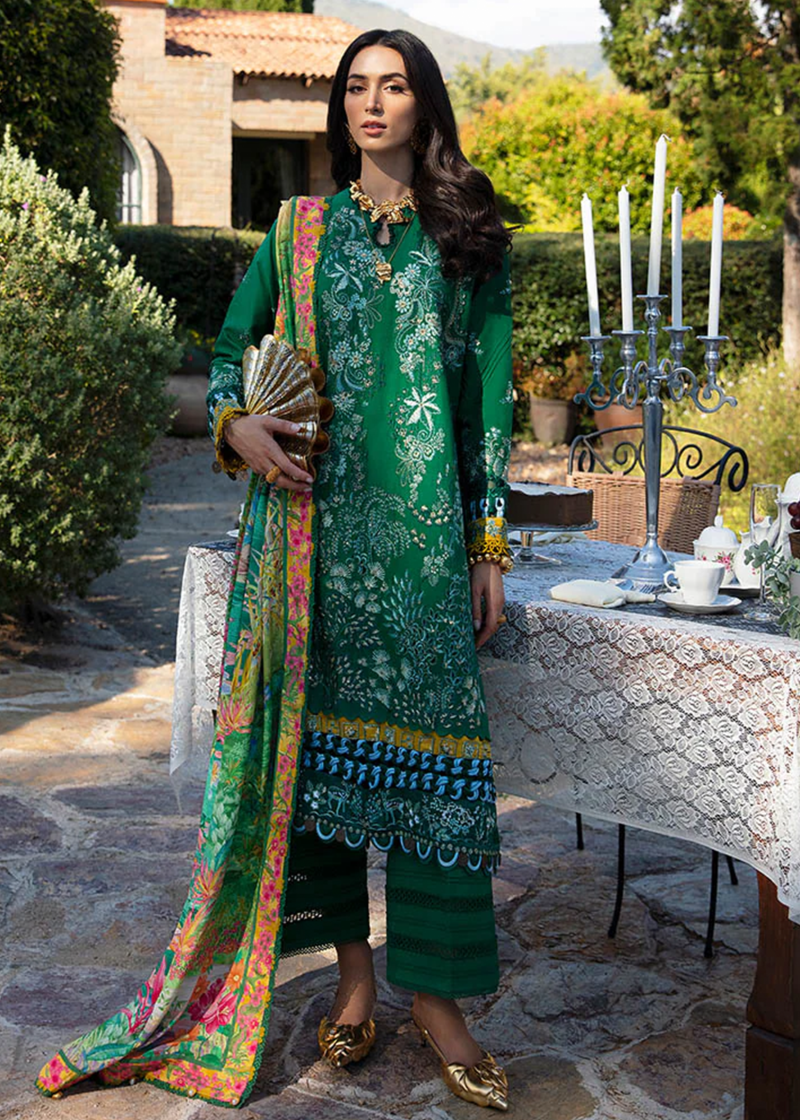 Republic Womens Wear Luxury Lawn | Green | Unstitched | Party wear | Printed silk dupatta | D3-B