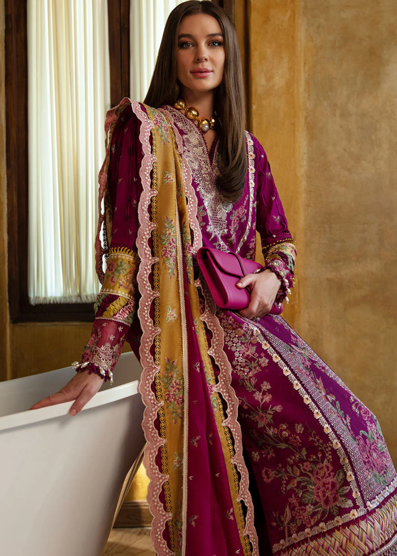 Republic Womens Wear Luxury Lawn | Burgundy | Unstitched | Party wear | Printed silk dupatta | D6-A
