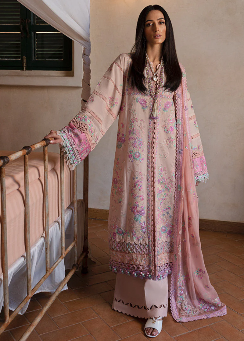 Republic Womens Wear Luxury Lawn | Peach | Unstitched | Party wear | Printed silk dupatta | D8-B