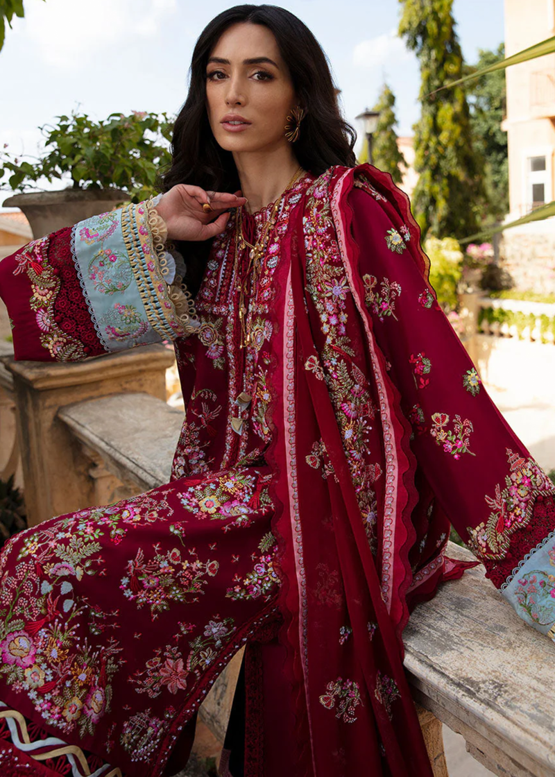 Republic Womens Wear Luxury Lawn | Maroon | Unstitched | Party wear | Printed silk dupatta | D8-A