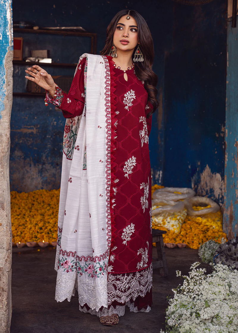 Sahane Sahakari Luxury Lawn | Maroon | Unstitched | Party wear | Cotton Net Dupatta | CT10001 Gulaab
