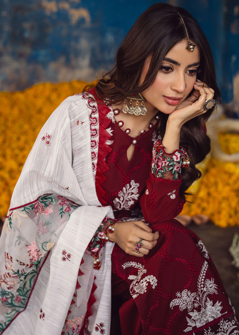 Sahane Sahakari Luxury Lawn | Maroon | Unstitched | Party wear | Cotton Net Dupatta | CT10001 Gulaab