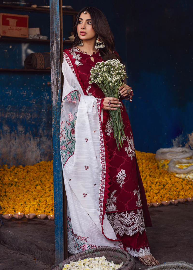 Sahane Sahakari Luxury Lawn | Maroon | Unstitched | Party wear | Cotton Net Dupatta | CT10001 Gulaab