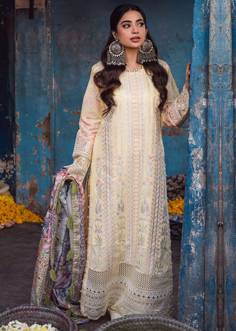 Sahane Sahakari Luxury Lawn | Yellow | Unstitched | Party wear | Cotton Net Dupatta | CT10003 Zaanat