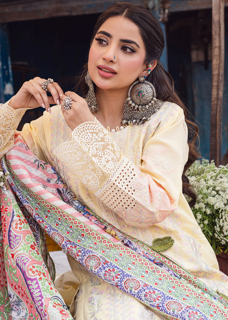 Sahane Sahakari Luxury Lawn | Yellow | Unstitched | Party wear | Cotton Net Dupatta | CT10003 Zaanat
